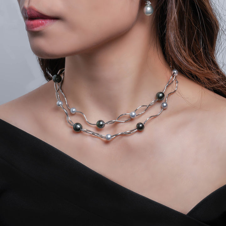 Stylish Tahitian Pearl Necklace with 7-11mm Mix Pearls on 925 Silver Rhodium Chain