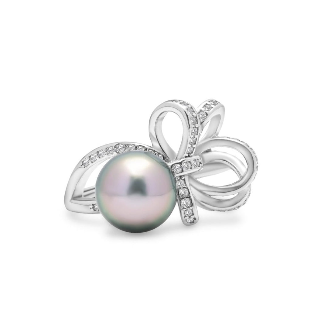 Tahitian Green Pearl Ring ,9mm Sterling Silver with Zirconia Accents