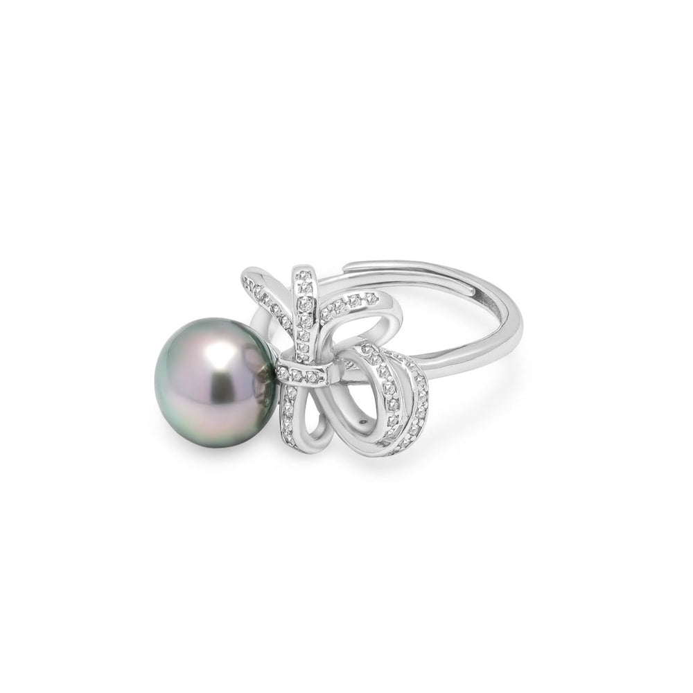 Tahitian Green Pearl Ring ,9mm Sterling Silver with Zirconia Accents