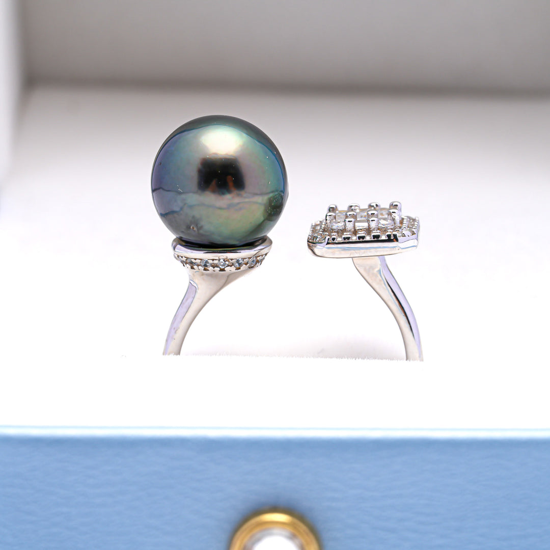 Tahitian Pearl Ring in 925 Silver Rhodium with 10mm Peacock Green Pearl & Zirconia