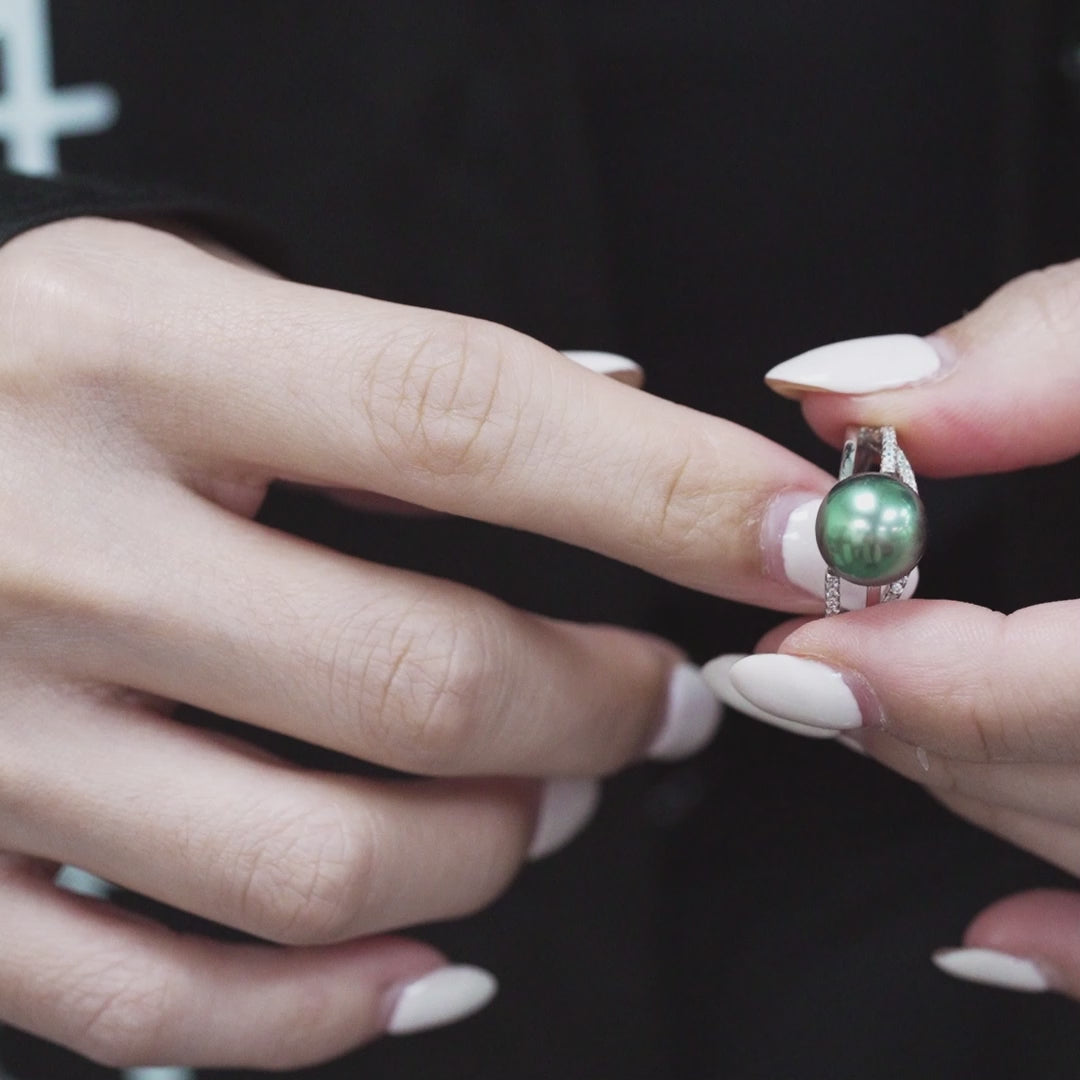 Genuine Green Tahitian Pearl Ring in 925 Sterling Silver with Zirconia, Adjustable Size. ref:SHM726 CMP1